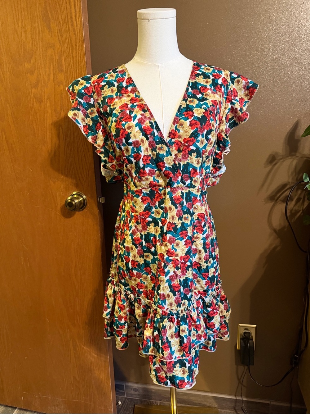 SHEIN Floral Wrap-Style Ruffle Mini Dress - Red, Green, Cream